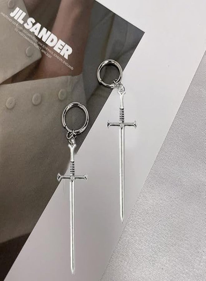 Modpide Punk Gothic Long Dagger Sword Huggie Hoop Earrings Halloween Earrings for Women Men Minimalist Samll Hoops earrings (Antique Silver) - Image 3